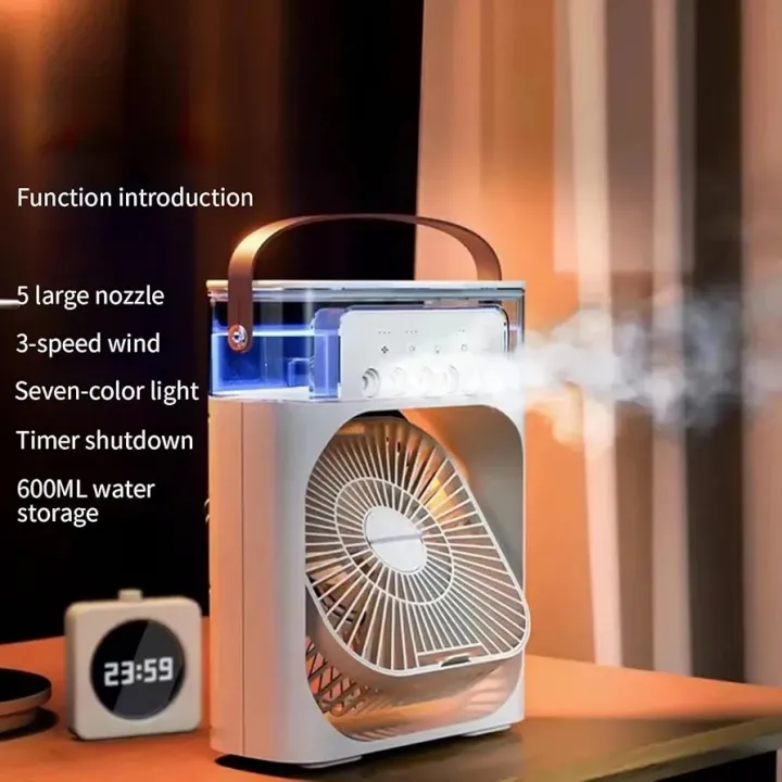 CoolTime compact air cooler and humidifier with mist on a desk